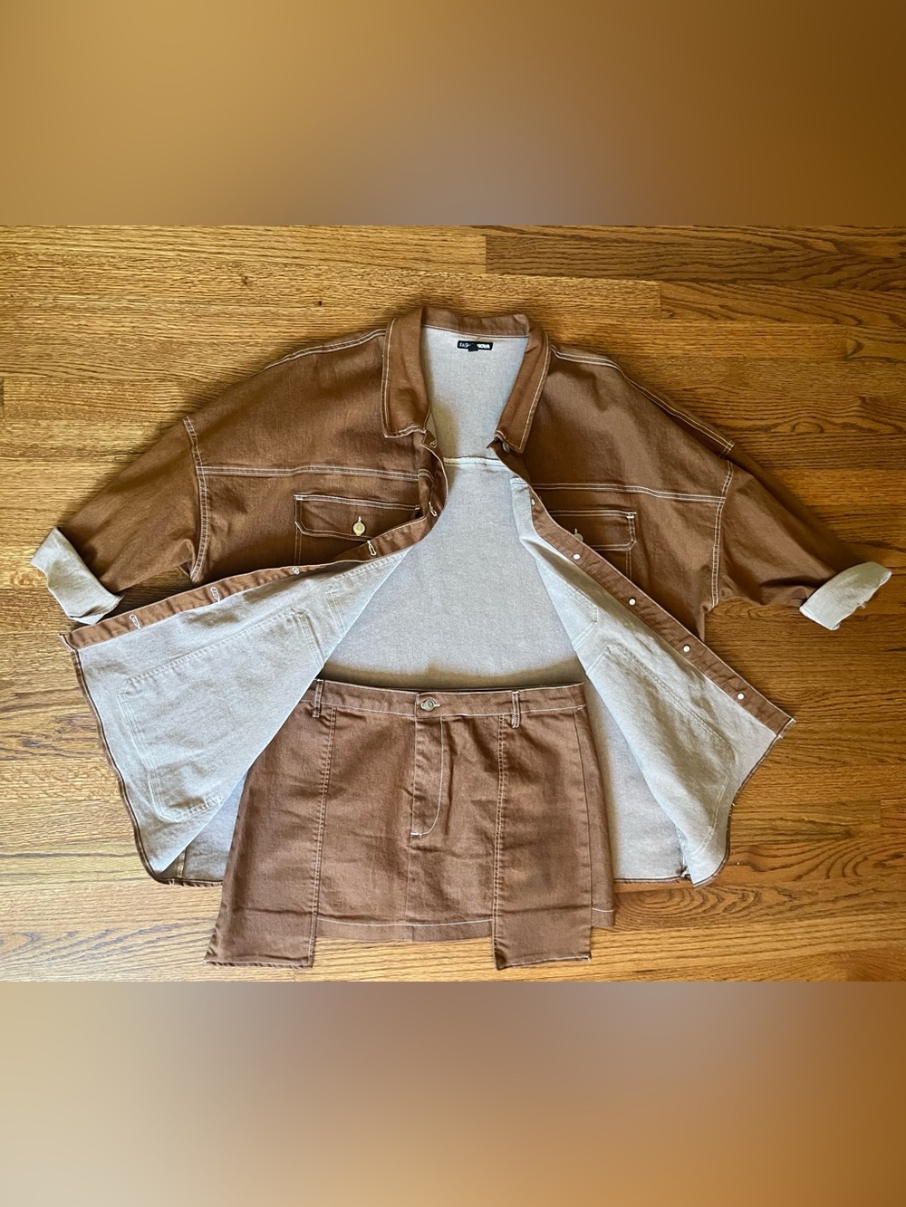 Fashion Nova Brown Denim Jacket and Mini Skirt Set